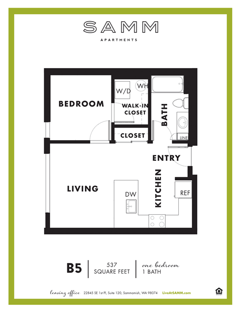 Floor plan for 1 bed, 1 bath, 537 sqft